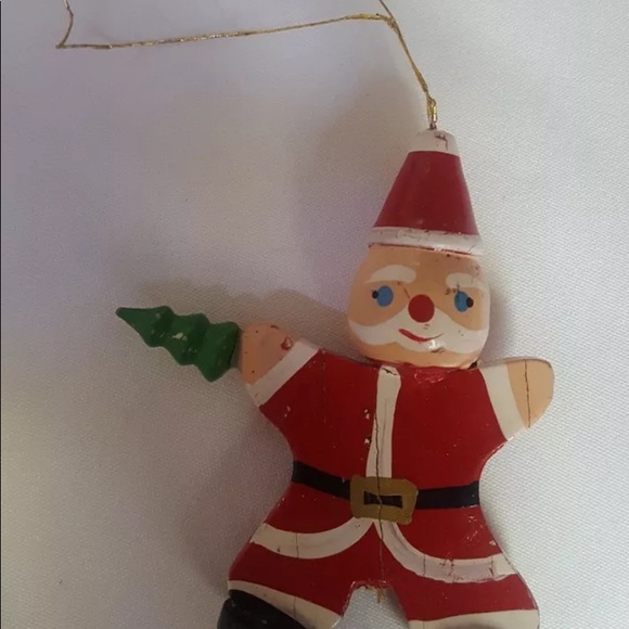 Vintage WOODEN SANTA CLAUS TREE ORNAMENT WITH SMALL TREE 3 1/2" • pre-owned - Picture 6 of 7